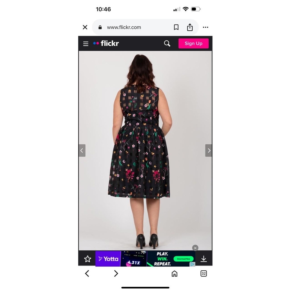 Black Floral Print Pleated Skirt Button Front Sleeveless Dress Large - Picture 11 of 16
